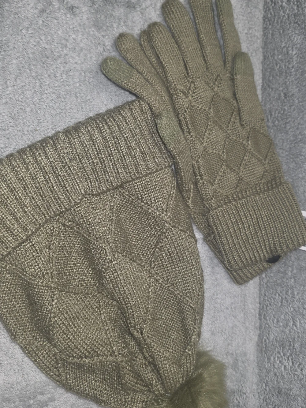 Vera Bradley Olive Green Knit Pom Beanie and Matching Gloves